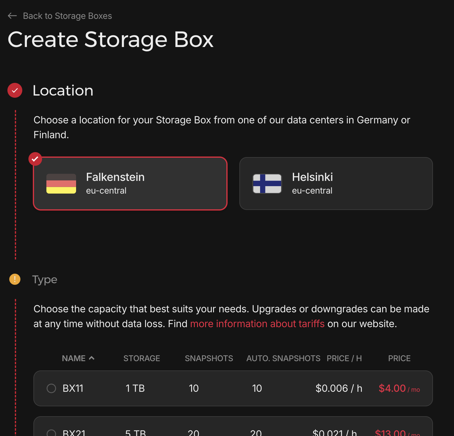 Hetzner Create Storage Box screen — choose location (Falkenstein or Helsinki) and select a storage plan
