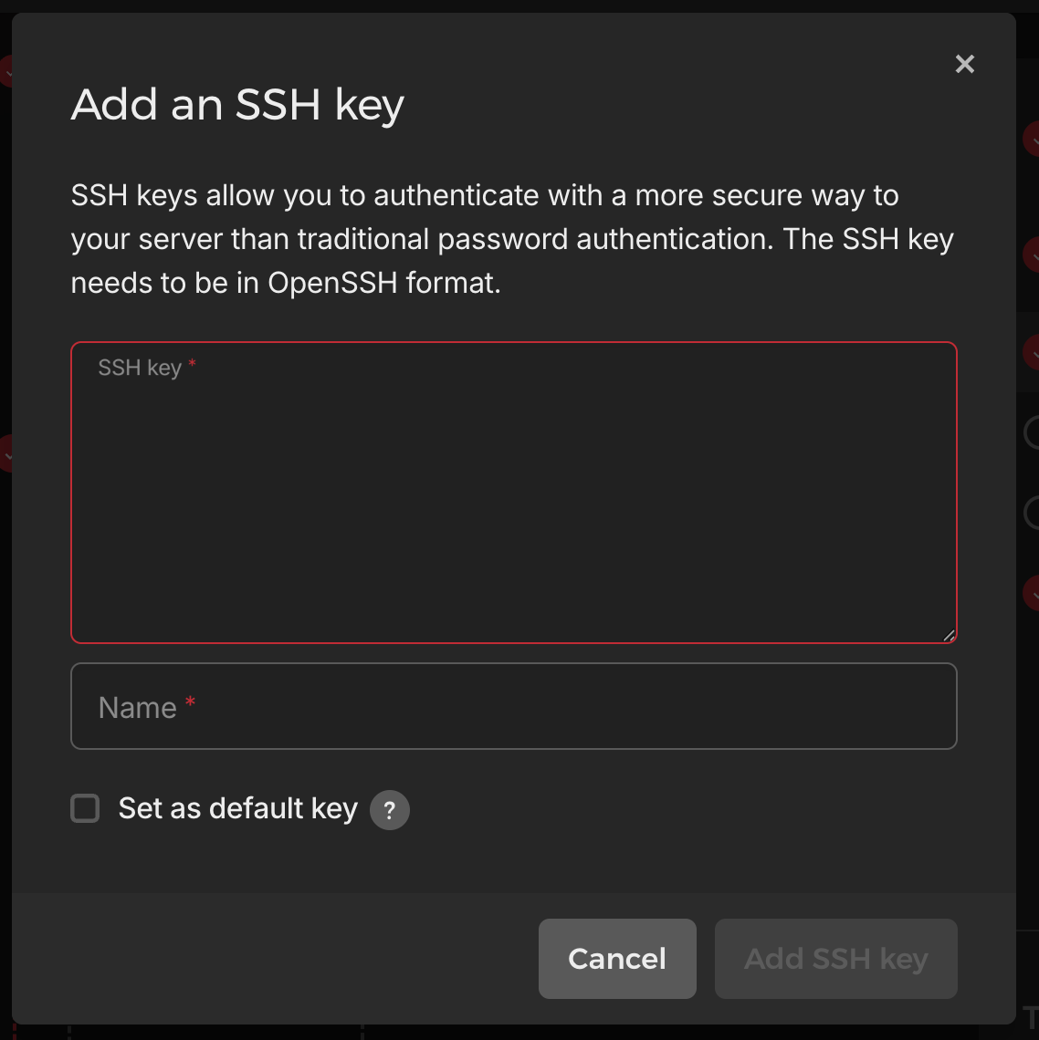 Hetzner Add SSH Key dialog — paste your public key in OpenSSH format