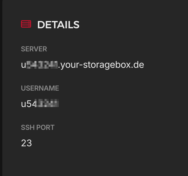 Hetzner Storage Box Details showing server hostname, username, and SSH port 23