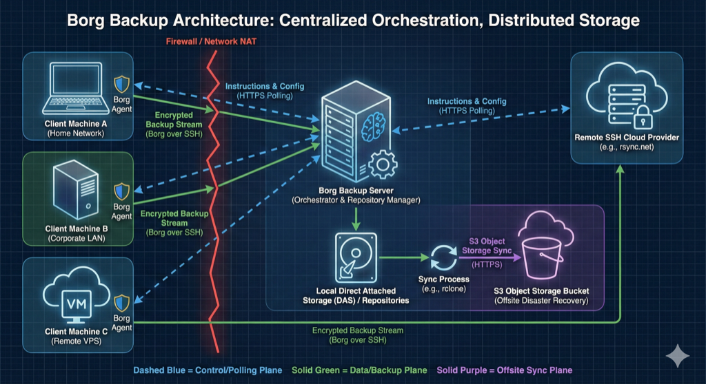 Borg Backup Architecture: Centralized Orchestration, Distributed Storage — showing client machines with Borg agents connecting to the central server via HTTPS polling and SSH backup streams, with S3 offsite sync