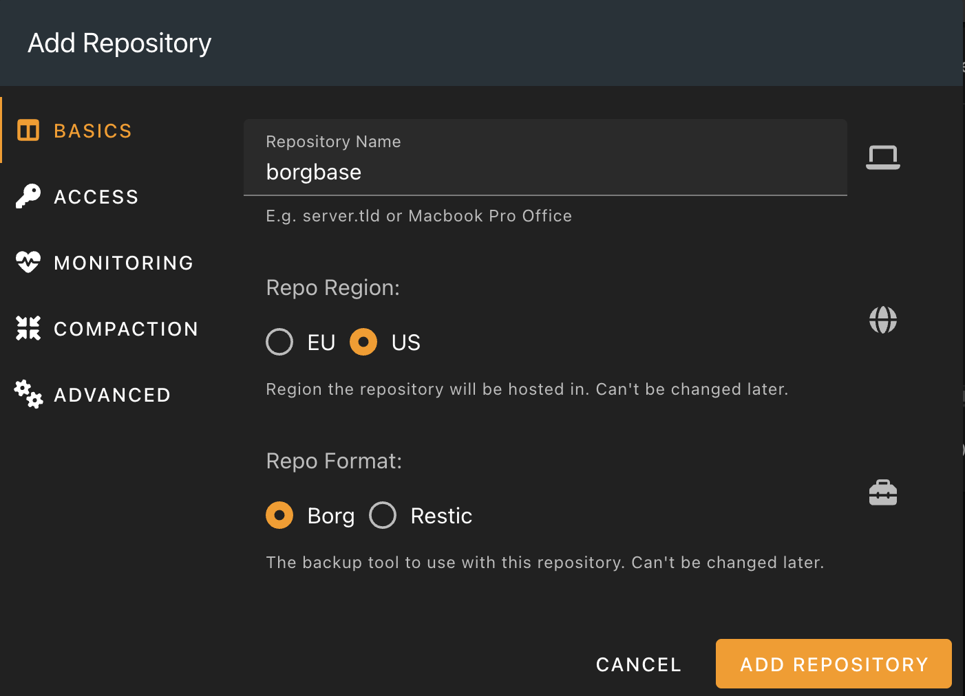 BorgBase Add Repository screen — enter a name, choose region (EU or US), and select Borg as the repo format