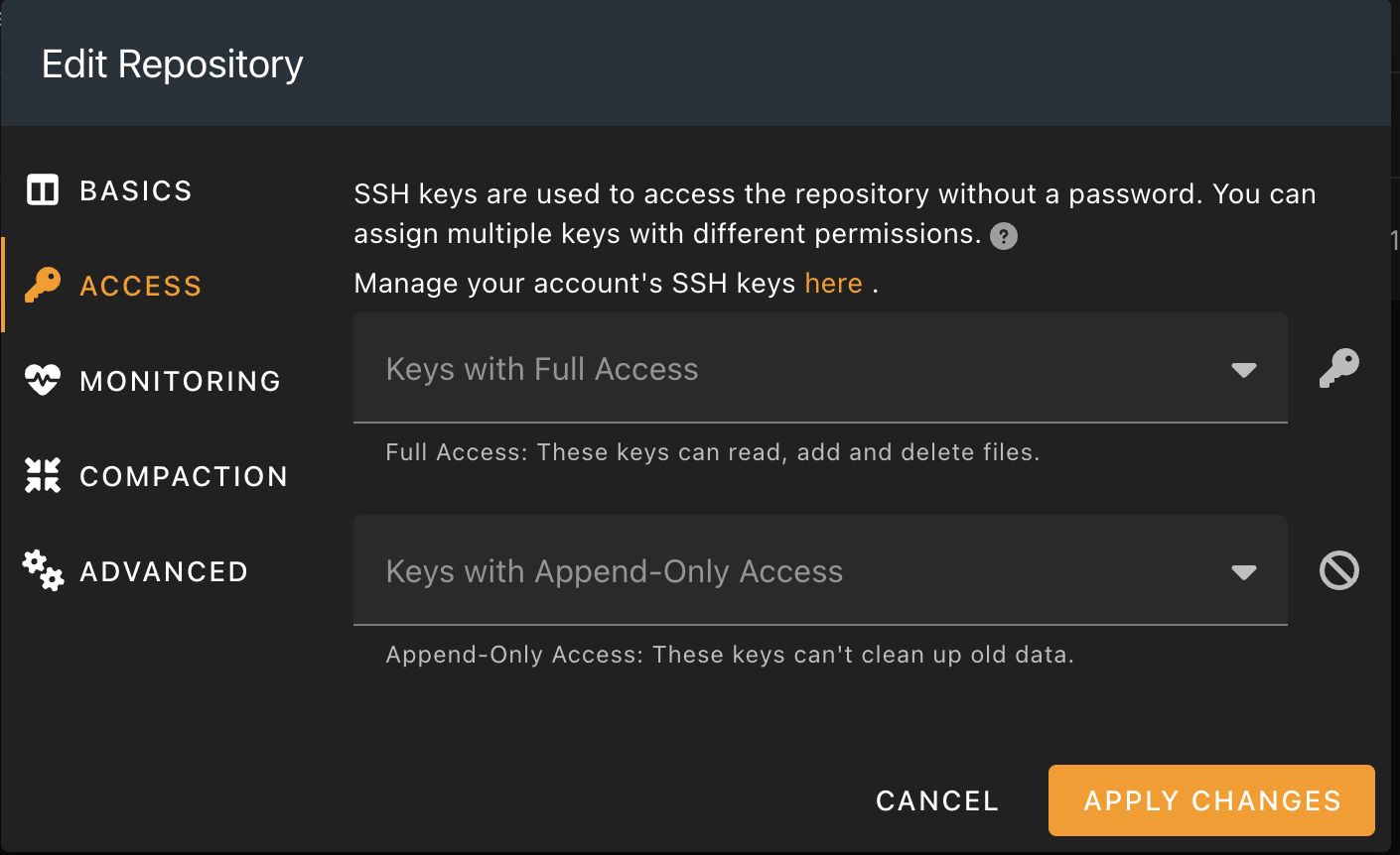 BorgBase Edit Repository Access tab showing Full Access and Append-Only Access key assignments