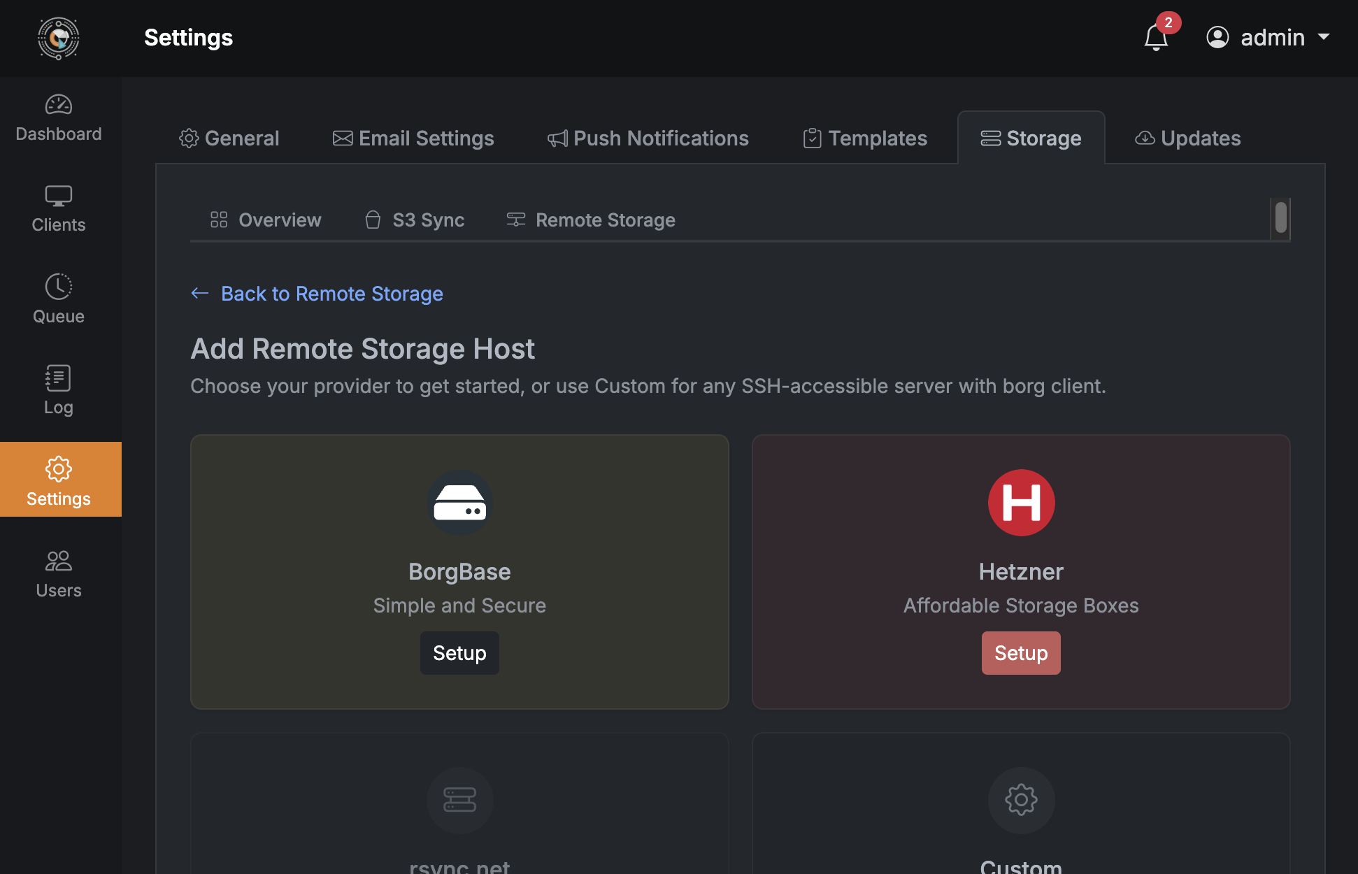 Borg Backup Server Settings page showing the Remote Storage provider selection with BorgBase, Hetzner, rsync.net, and Custom options