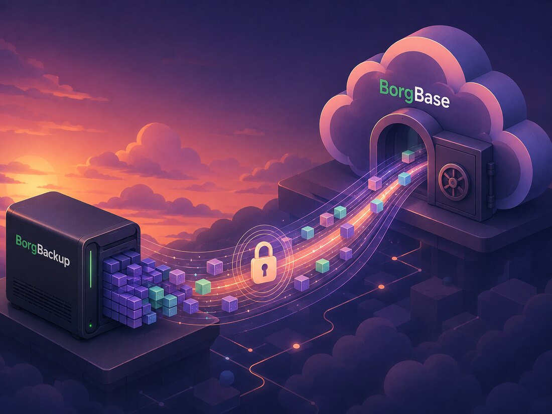 Illustration of encrypted Borg backups flowing from a BorgBackup server through a secure tunnel to BorgBase storage