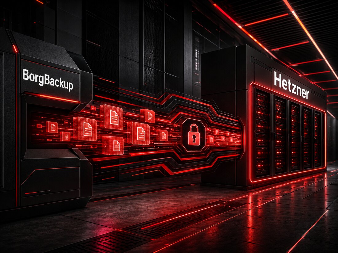 Illustration of encrypted Borg backups flowing from a BorgBackup server through a secure tunnel to a Hetzner Storage Box