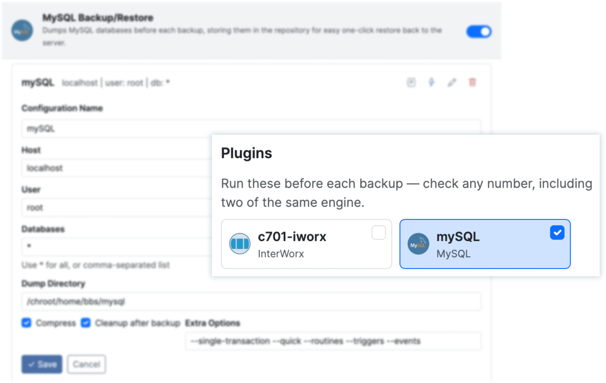 BBS plugin configuration: the MySQL Backup/Restore plugin enabled, a MySQL connection form with dump directory and mysqldump options, and the plugin picker showing MySQL and InterWorx plugins assigned to a backup plan