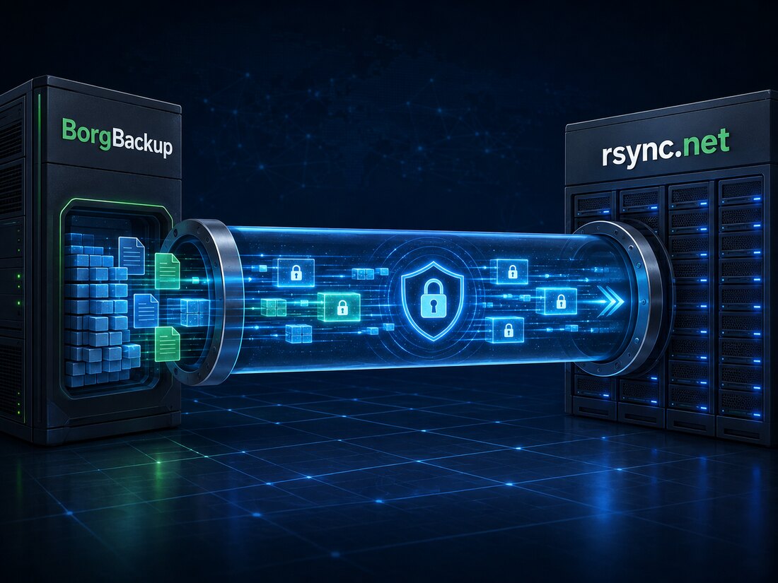Illustration of encrypted Borg backups flowing from a BorgBackup server through a secure tunnel to rsync.net storage