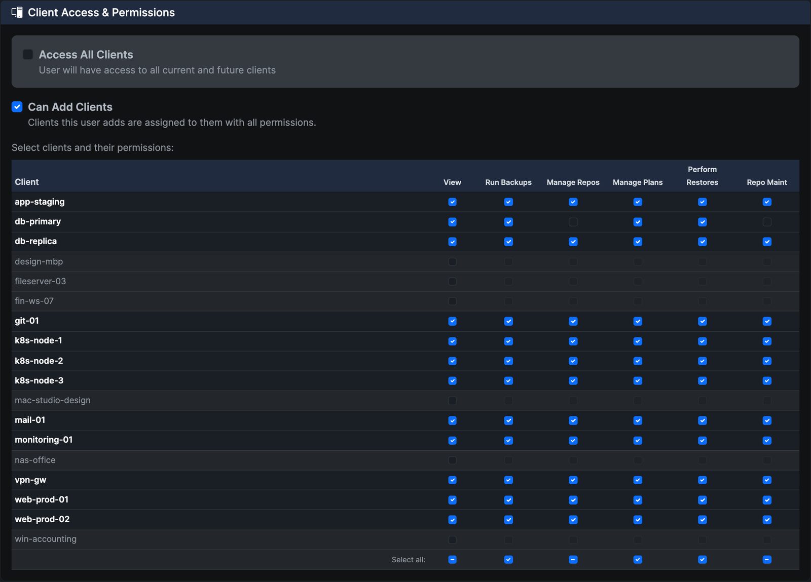 Per-client access and permissions matrix for a user in Borg Backup Server