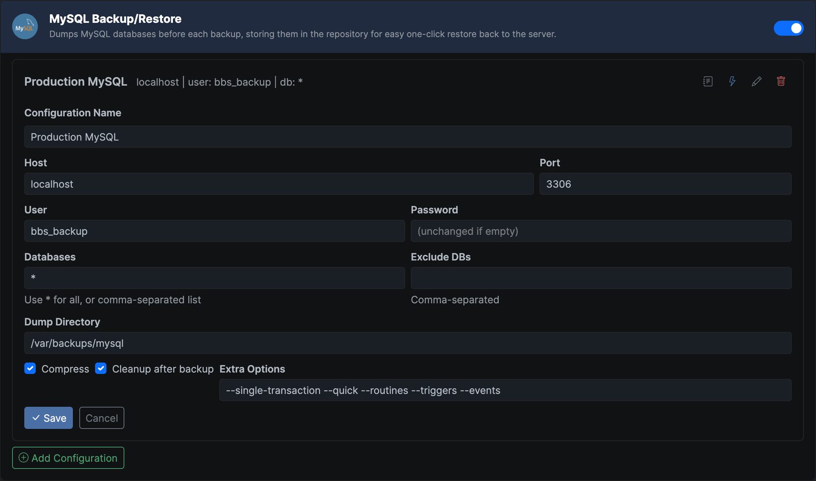 MySQL and PostgreSQL plugin settings on a Borg Backup Server backup plan