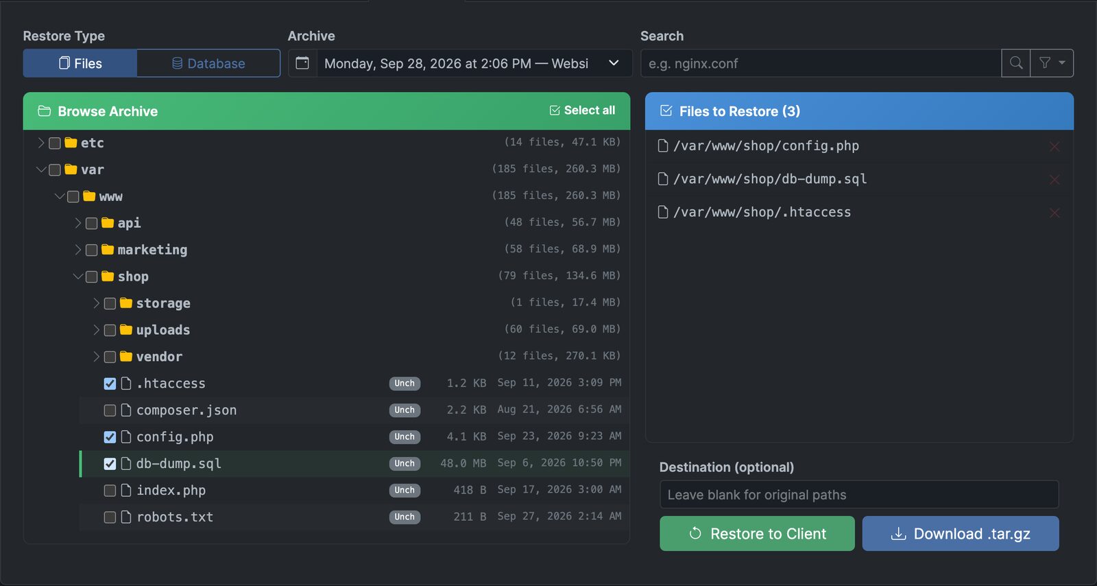 Borg Backup Server restore screen with an archive file tree and files selected for restore