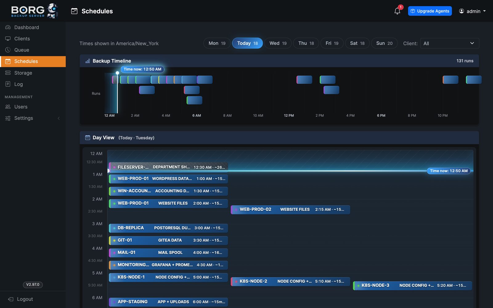 Borg Backup Server schedules page with a weekly backup timeline and a day view of every planned backup