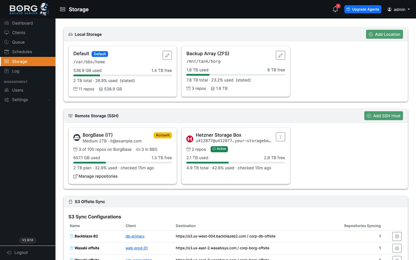 Storage locations in Borg Backup Server including local, BorgBase and Hetzner with S3 sync