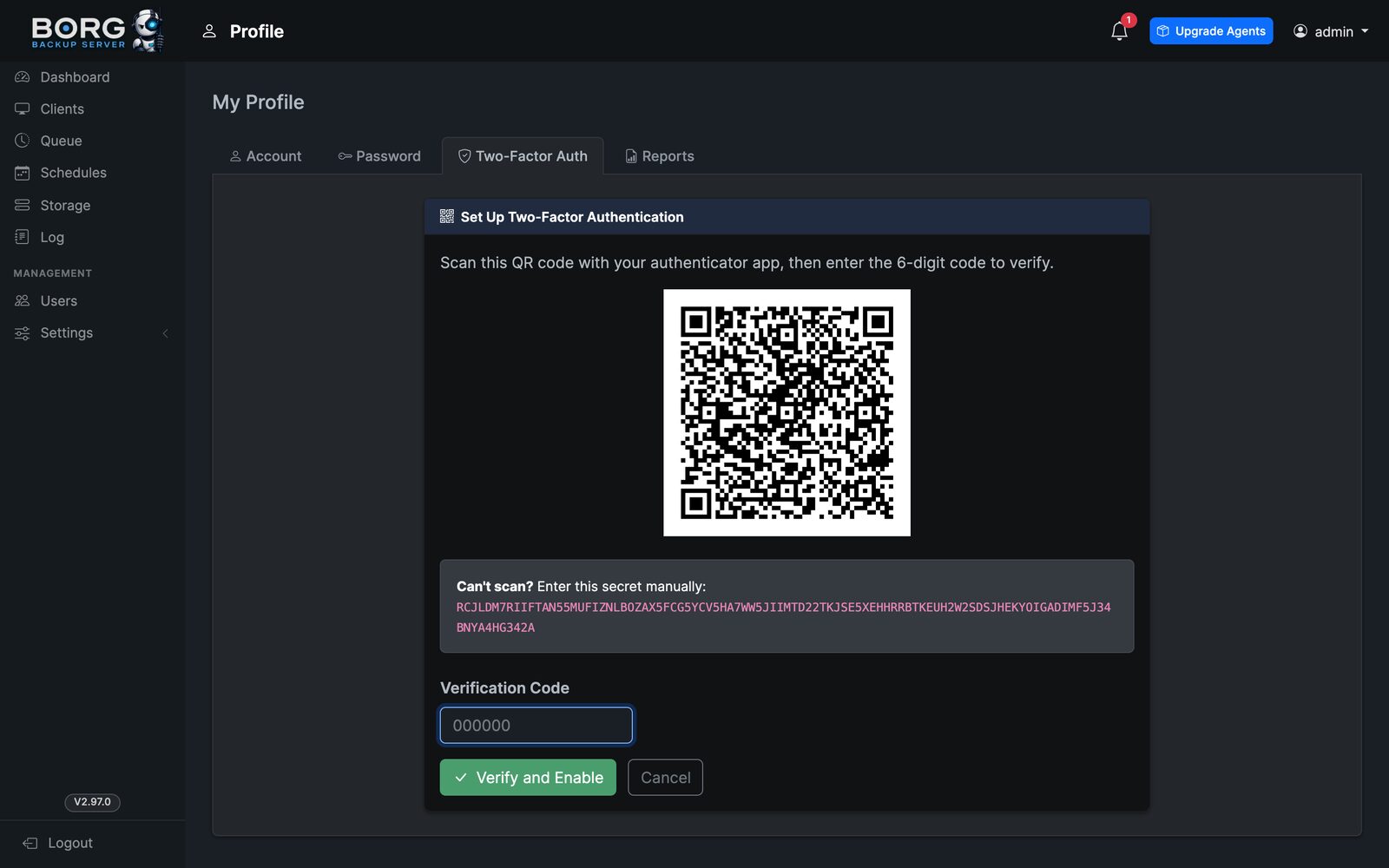 BBS two-factor authentication setup with a QR code and verification field