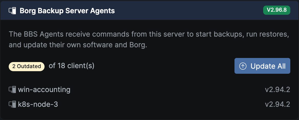 Agent and Borg version table with update available badges